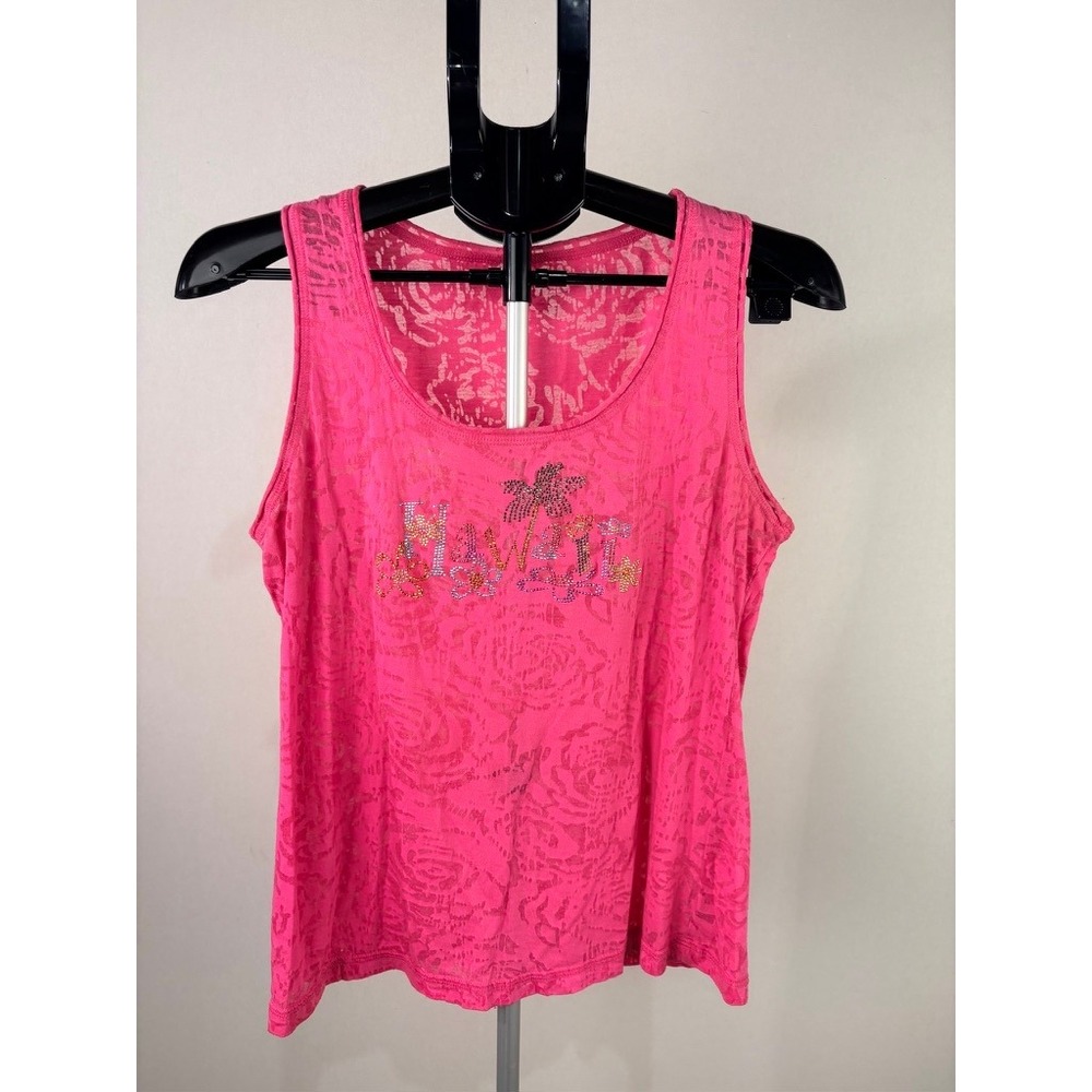 Hawaii Rhinestone Burnout Tank Top Pink Floral Palm Tree Tropical Summer